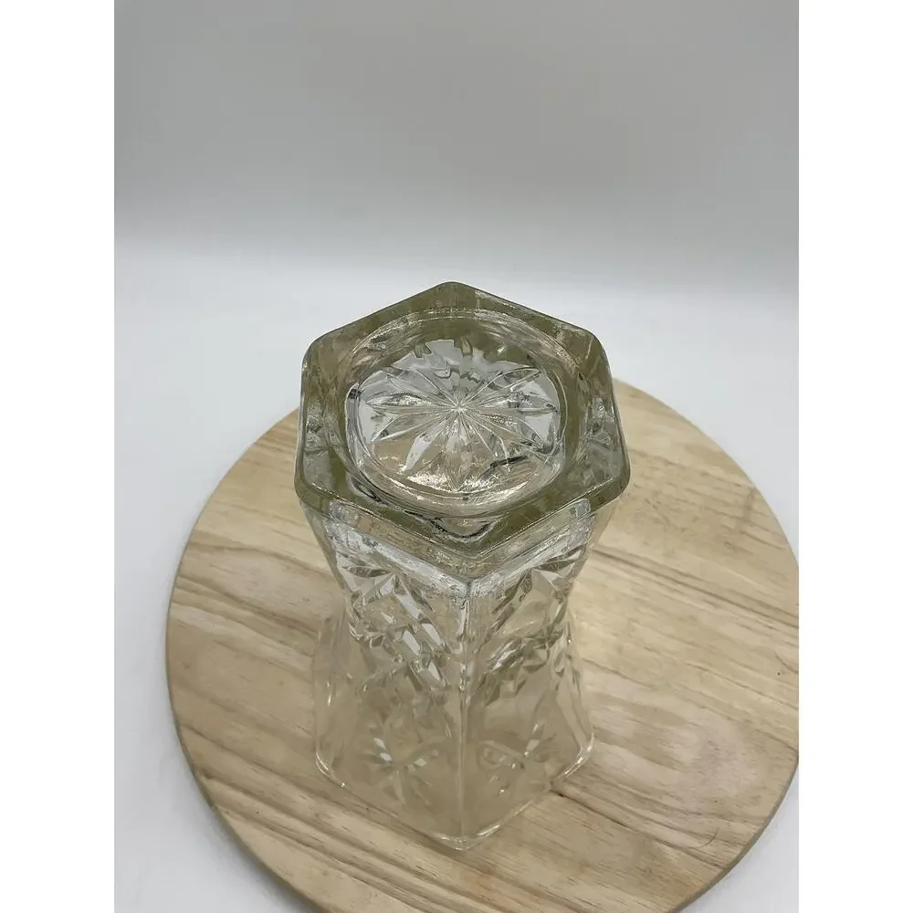 Clear Pressed Glass Flower Vase Starburst Pattern Hexagon VTG Decor Centerpiece